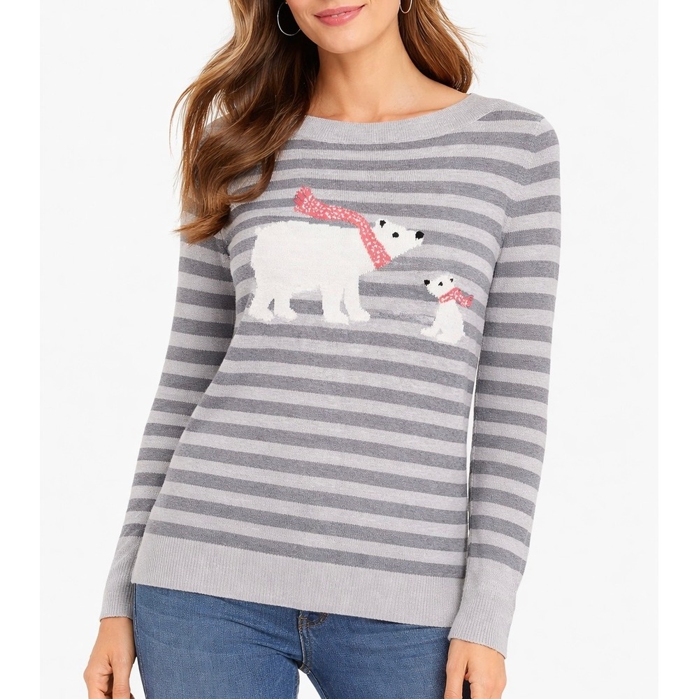 LOFT Striped Polar Bear Sweater Grey Women Size Small Boat Neck Pullover Casual‎